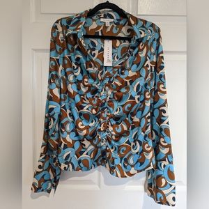 Top Shop Ruched Blue, White, and Brown Blouse Size 12